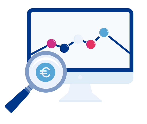 magnifier discovering euro symbol on screen with graph